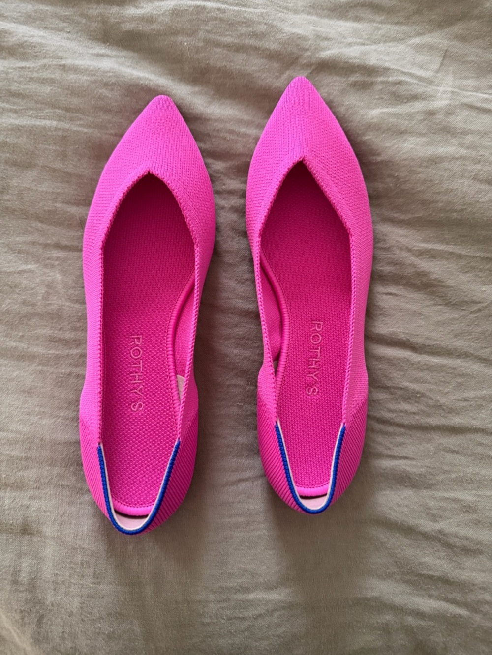 Rothy's Pointed Toe Flats in Bright Pink with Blue Trim